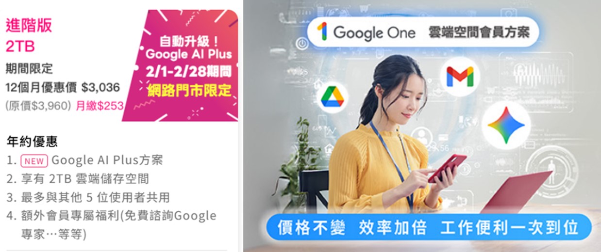 中華電信Google One 2TB 方案,享8折優惠並享Google AI Plus福利! - 電腦王阿達 中華電信Google One 2TB 方案,享8折優惠並享Google AI Plus福利! - 電腦王阿達